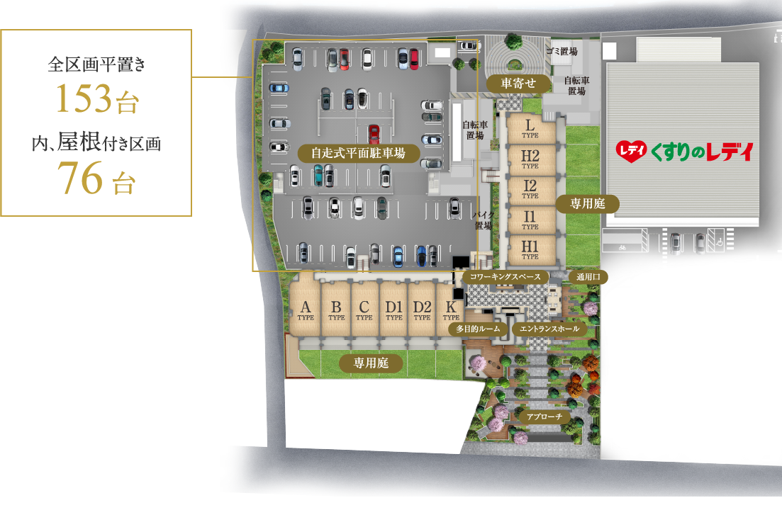 駐車場 全区画平置き151台内、屋根付き区画76台 | 開放感あふれる迎賓空間 2層吹き抜けエントランスホール | 道路と建物の間に緑豊かなオープンスペースを確保 エントランスアプローチ
